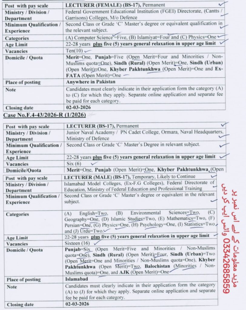 Latest Lecturer jobs 2026 through FPSC